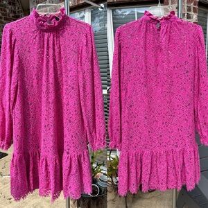 J. Crew Hot Pink Lace Long Sleeve Ruffle Dress